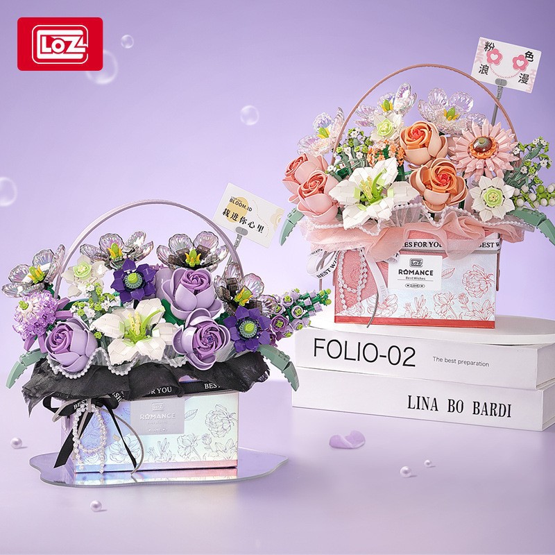 LOZ1951手提花束礼盒拼插积木花幻彩玫瑰女孩礼物玩具蝴蝶永生花
