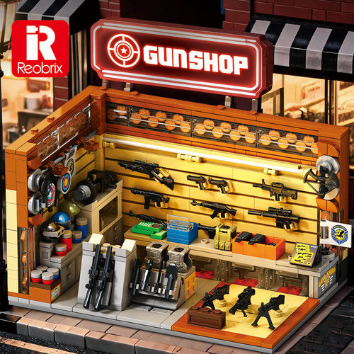 Reobrix臻砖66302美式军事武器枪店街景益智拼装积木模型摆件玩具