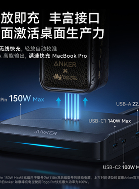 ANKER安克150W桌面充电站带伸缩数据线适配华为66W快充iPhone16苹果平板笔记本多口充电器AC插座