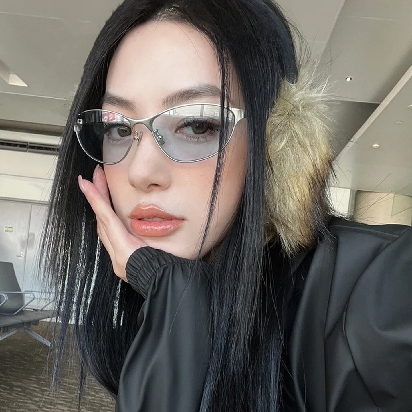 复古猫眼蓝色朋克骑行金属防晒墨镜女高级感辣妹太阳眼镜透明拍照
