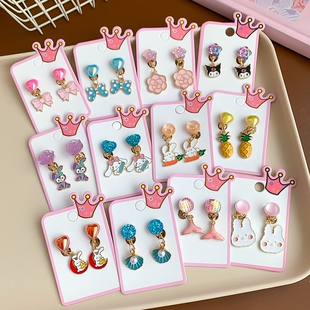 儿童耳夹无痛硅胶无耳洞公主风宝石可爱卡通吊坠假耳环配饰耳饰品