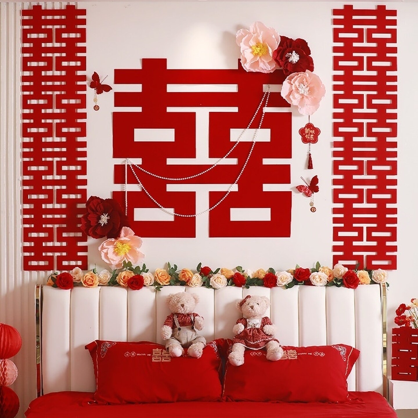 婚房布置套装仿真花方卧室新房氛围喜婚礼装饰结婚墙面床头背景墙