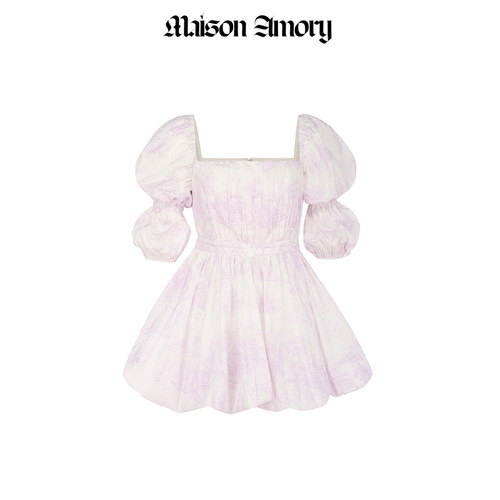 MaisonAmory白底紫色迷你连衣裙