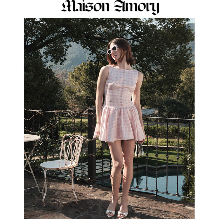 MaisonAmory浅粉色格子连衣裙