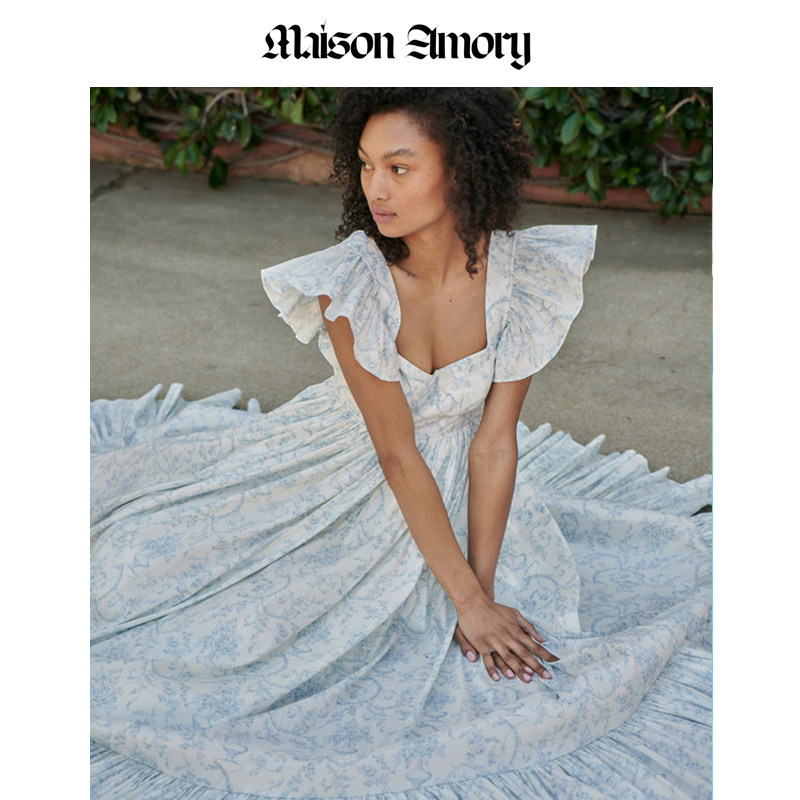 MaisonAmory白底蓝色印花礼服裙