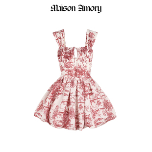 铅笔画·白底酒红色露营印花迷你连衣裙Maison Amory