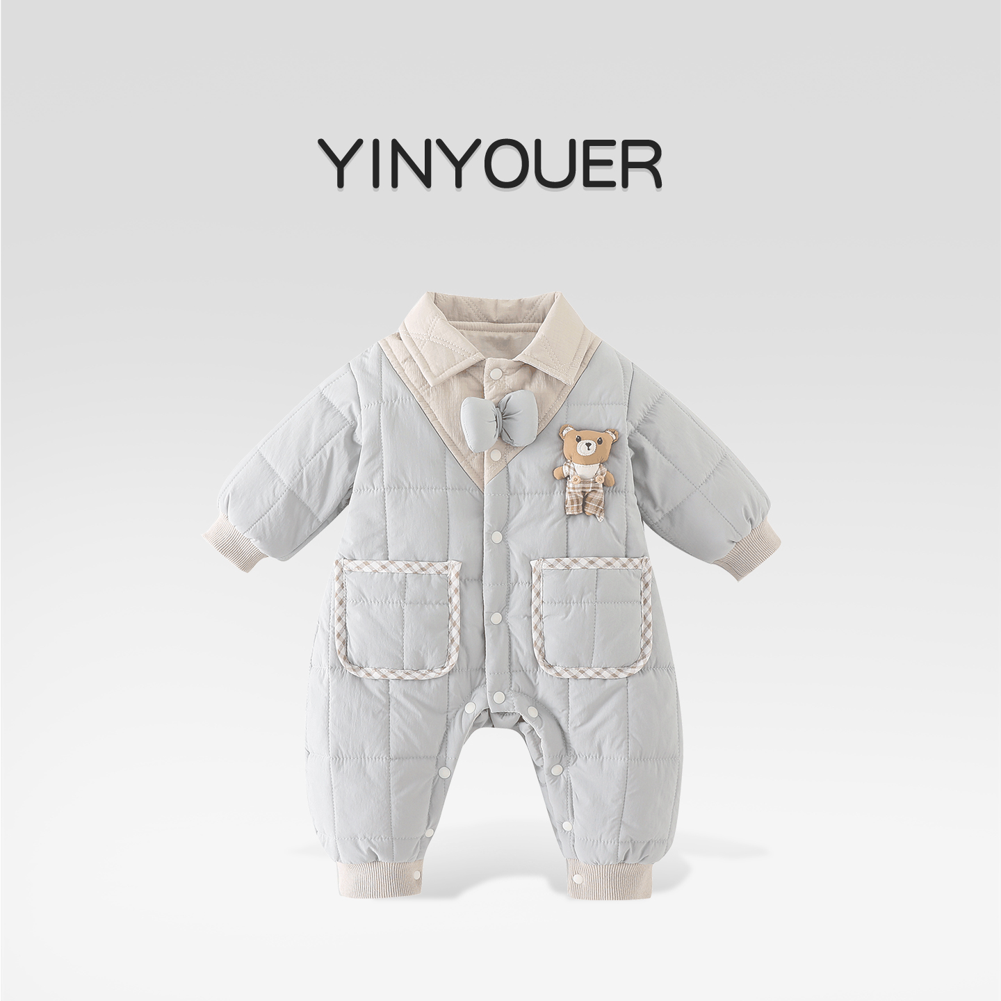 婴儿秋冬薄夹棉小熊加绒外出爬服