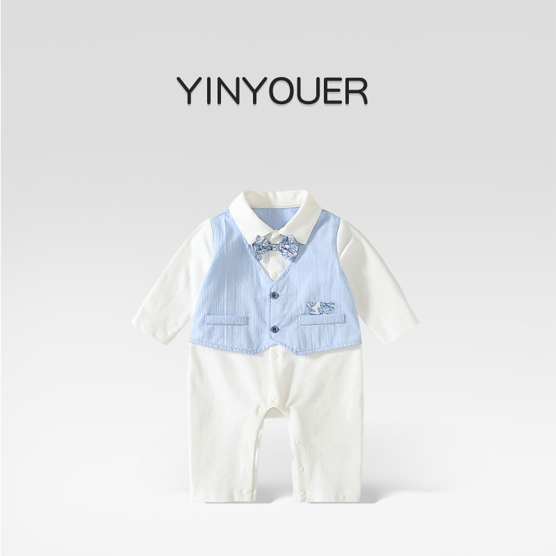 帅气男宝宝春季衣服百天宴婴儿春装生日周岁礼服小绅士领结连体衣