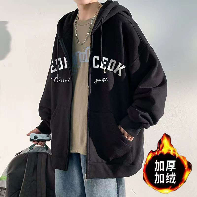 美式潮牌外套男士秋冬季2025年新款男式连帽开衫加绒卫衣男生