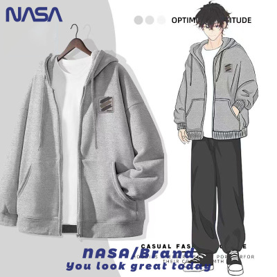 NASA联名款港风休闲连帽开衫外套卫衣男银狐绒宽松慵懒加绒加厚