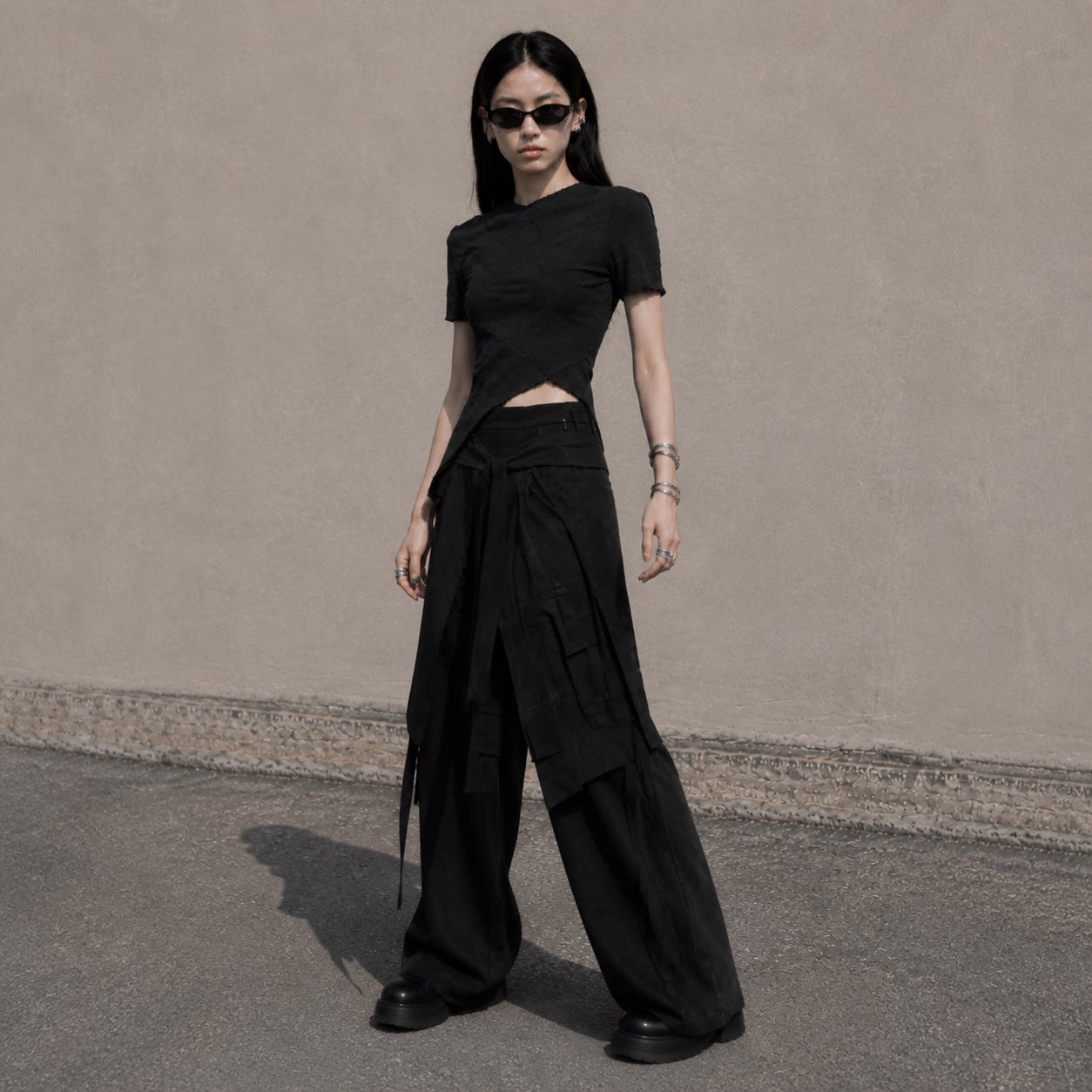 CBC BLACK 小众设计感轮廓剪裁套装女宽松系带阔腿裤两件套西装