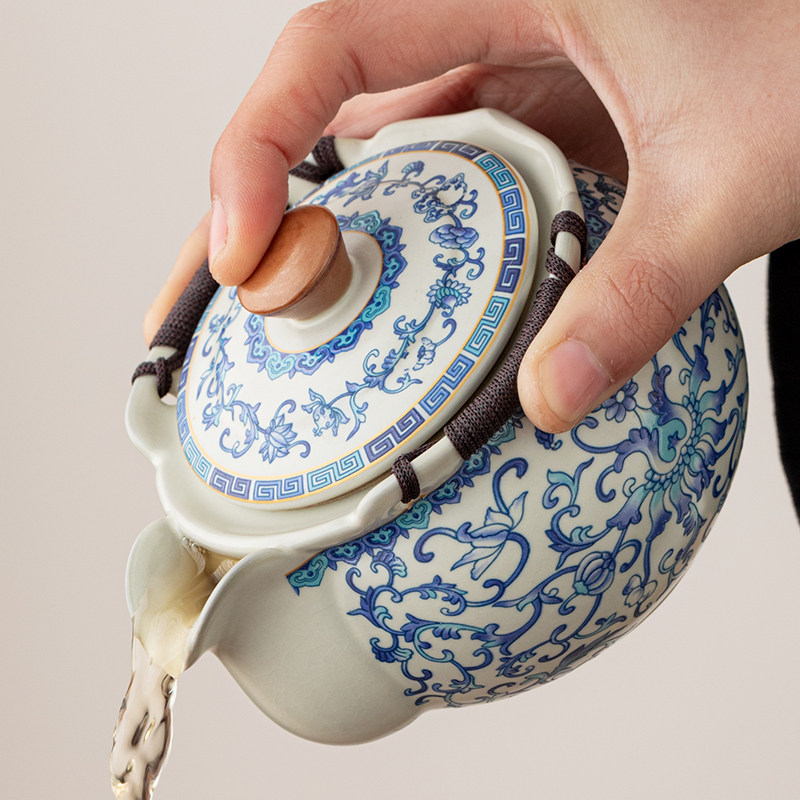青花手抓壶盖碗茶杯一人饮泡茶具套组2025新款防烫茶壶泡茶家用