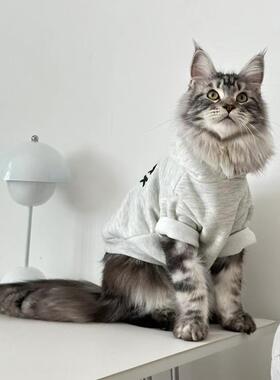 宠物潮牌加绒卫衣缅因猫衣服冬季保暖布偶猫小型犬灰白色复古帽衫