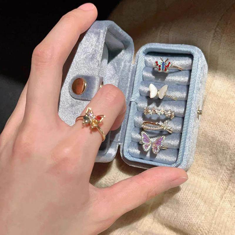 甜酷风彩色锆石蝴蝶戒指幻彩贝母小众设计叠戴开口戒指环