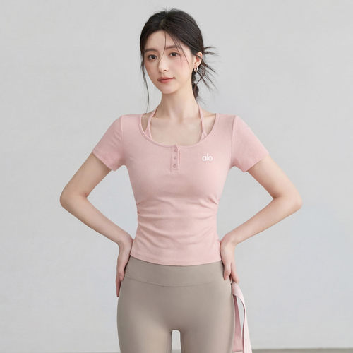 AIo瑜伽服假两件带胸垫t恤女跑步运动上衣普拉提修身大领口健身衣