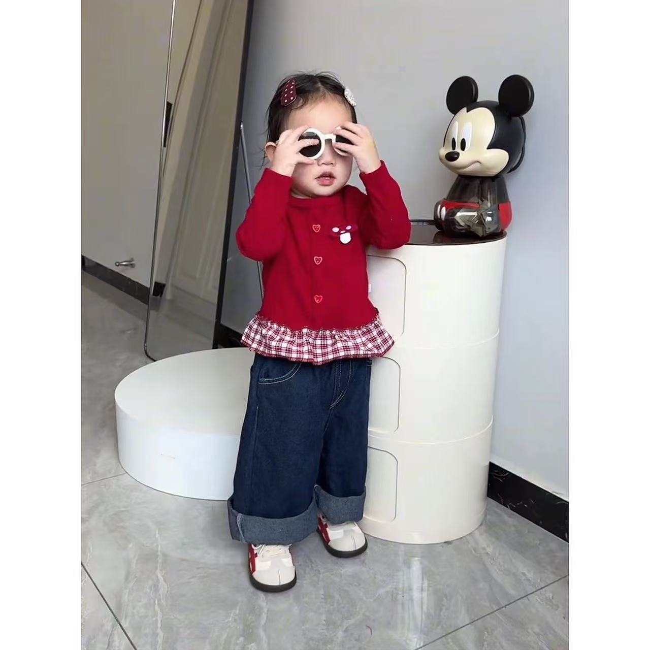 女童春秋款打底衫红色蘑菇拼接