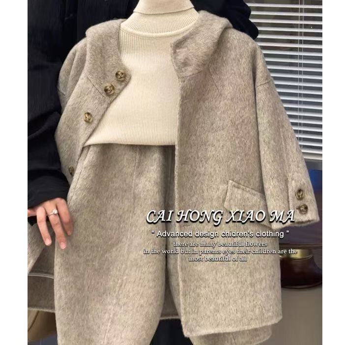 童装2025秋冬新款女童毛呢套装儿童加厚连帽呢子大衣长裤两件套潮