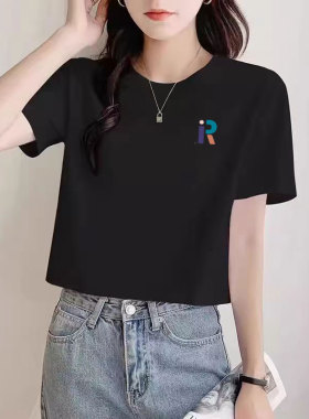 品牌纯棉小个子黑色短款t恤女2026夏季新款正肩宽松圆领百搭半袖T