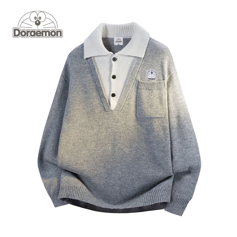 哆啦A梦美式拼接v领毛衣男女冬季休闲2025新