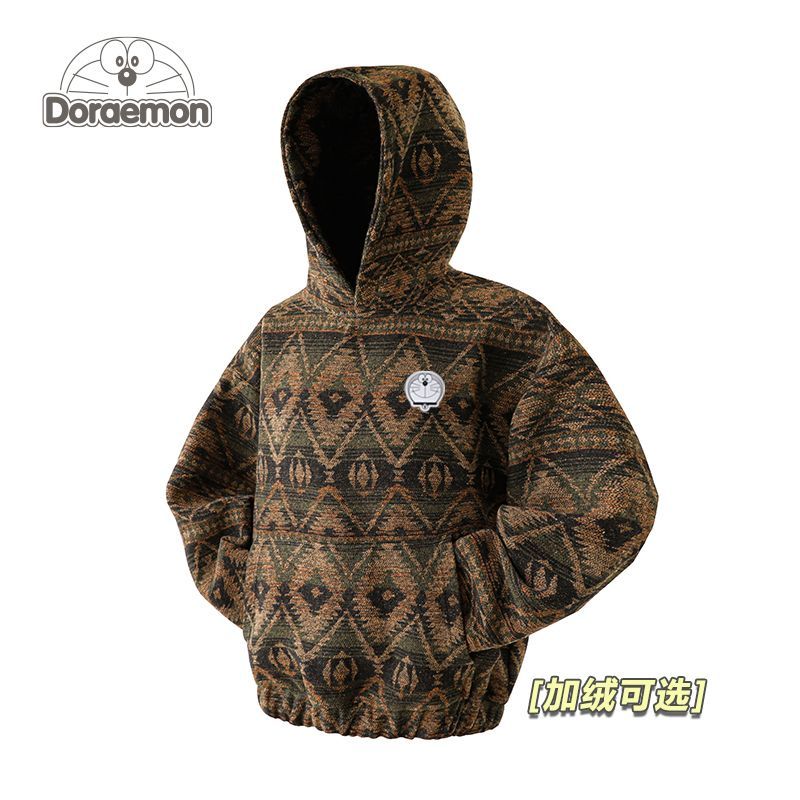哆啦A梦民族风提花加绒加厚连帽卫衣男女秋