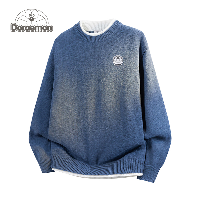 哆啦A梦圆领假两件针织衫男女冬季新款慵懒2025新款情侣休闲毛衣