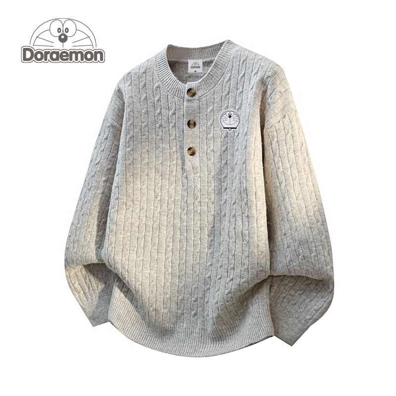 哆啦A梦复古麻花圆领开衫毛衣