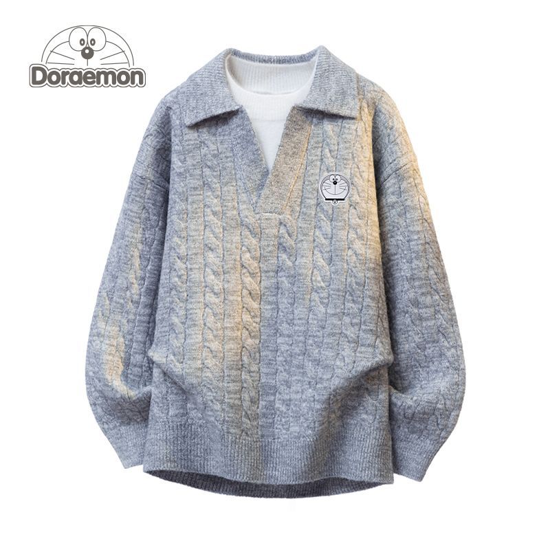 哆啦A梦v领假两件针织衫男女冬季新款百搭慵