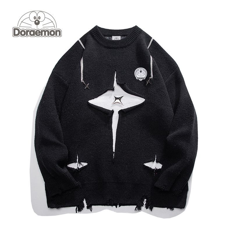 哆啦A梦星星破洞毛衣男女冬季新款慵懒圆领