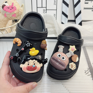 超火黑色搞怪女孩洞洞鞋防滑 幼儿童海边凉鞋eva材质可下水凉拖鞋