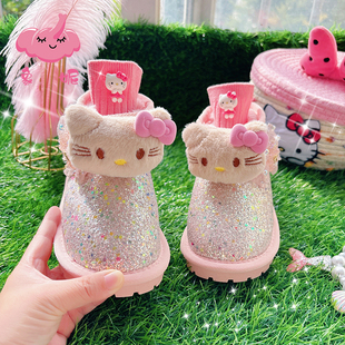 儿童公主雪地靴女款2025新款冬季女童东北加绒加厚亮面粉色大棉鞋