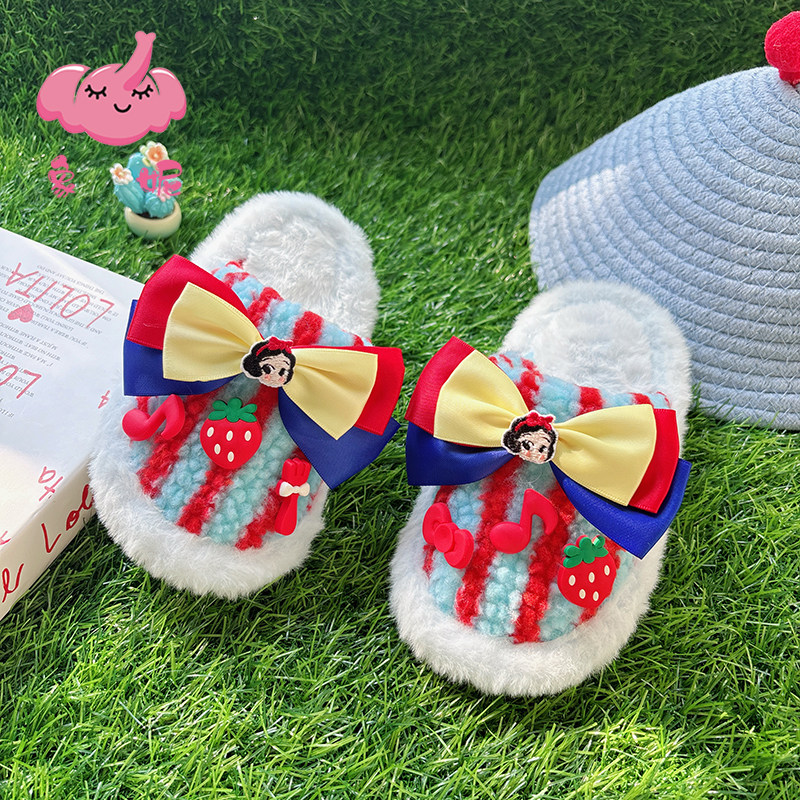 蝴蝶结儿童棉拖鞋女童秋冬季2025新款可外穿加绒保暖毛毛鞋踩屎感