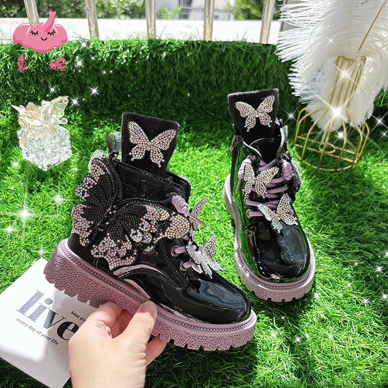 女童蝴蝶马丁靴2026春款韩版加绒保暖短靴女宝宝紫色洋气公主皮靴