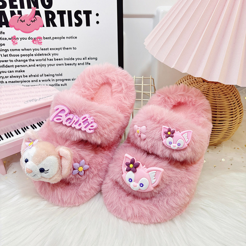 粉色高颜值女童棉拖鞋防滑保暖儿童秋冬室内棉拖可爱冬款一字拖鞋