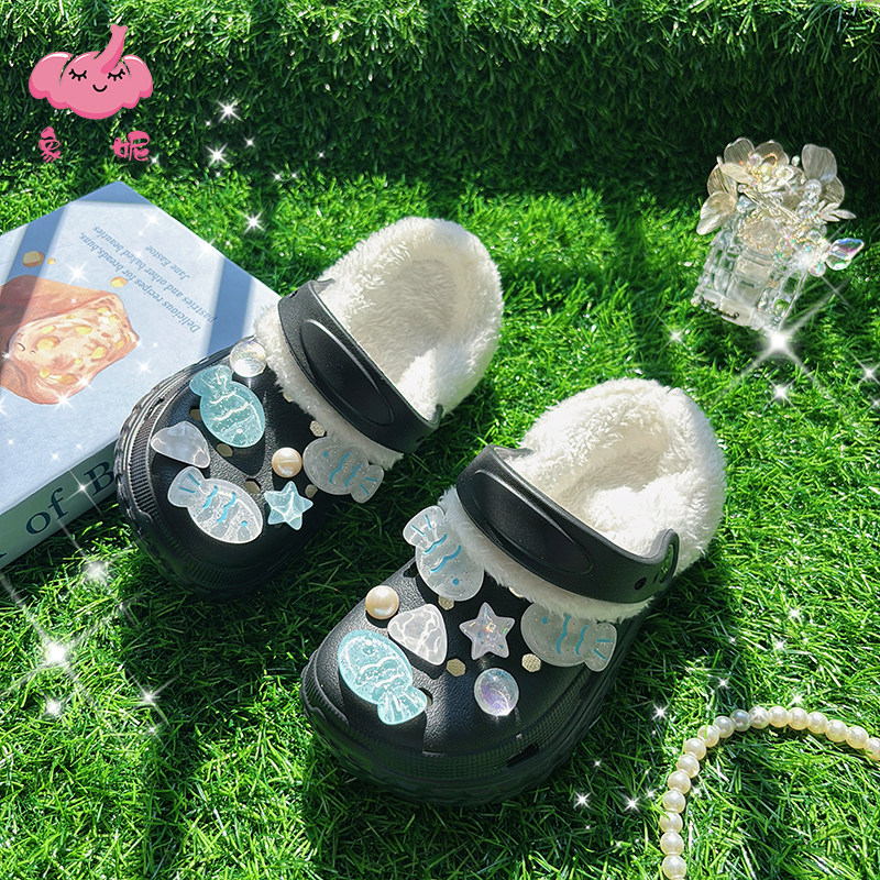 2025秋冬超好看的小鱼洞洞鞋加绒保暖女童外穿棉拖鞋可拆卸洗内胆