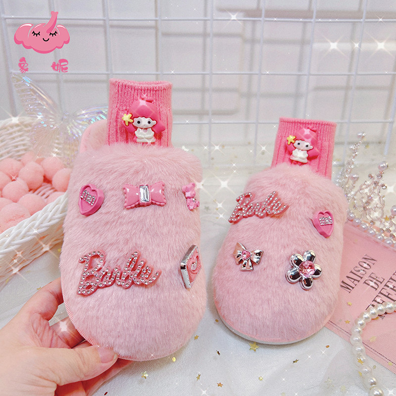 冬季女童高颜值毛拖鞋女2026新款室内家居保暖水钻风宝宝毛毛棉鞋