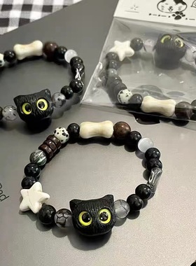 骷髅猫咪陶瓷编织手链女小众设计感甜美中流苏彩色手串手饰