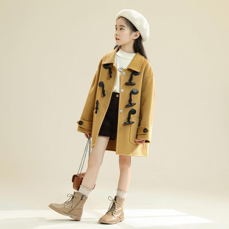 女童双面大衣2026秋冬男童羊角扣加厚新款儿童呢子外套
