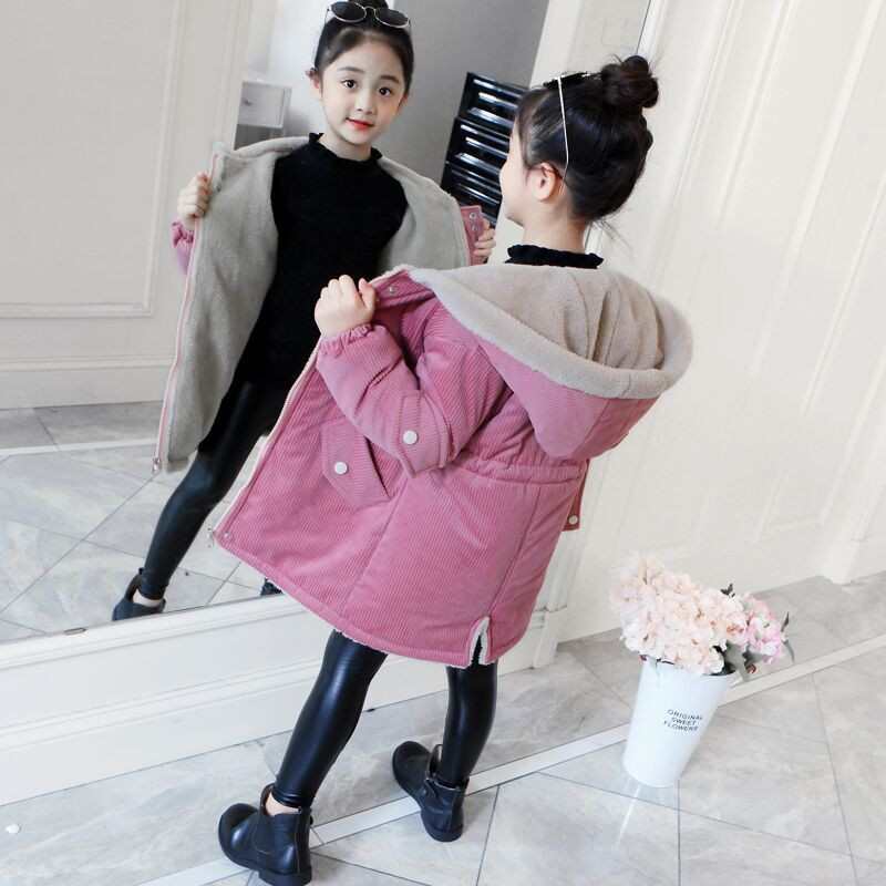 女童棉衣中长款外套2025新款时尚女孩冬装加绒加厚条绒中大童棉袄