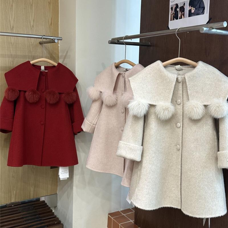 女童秋冬加绒加厚外套2025新款中大童洋气新年礼服呢子大衣中长款