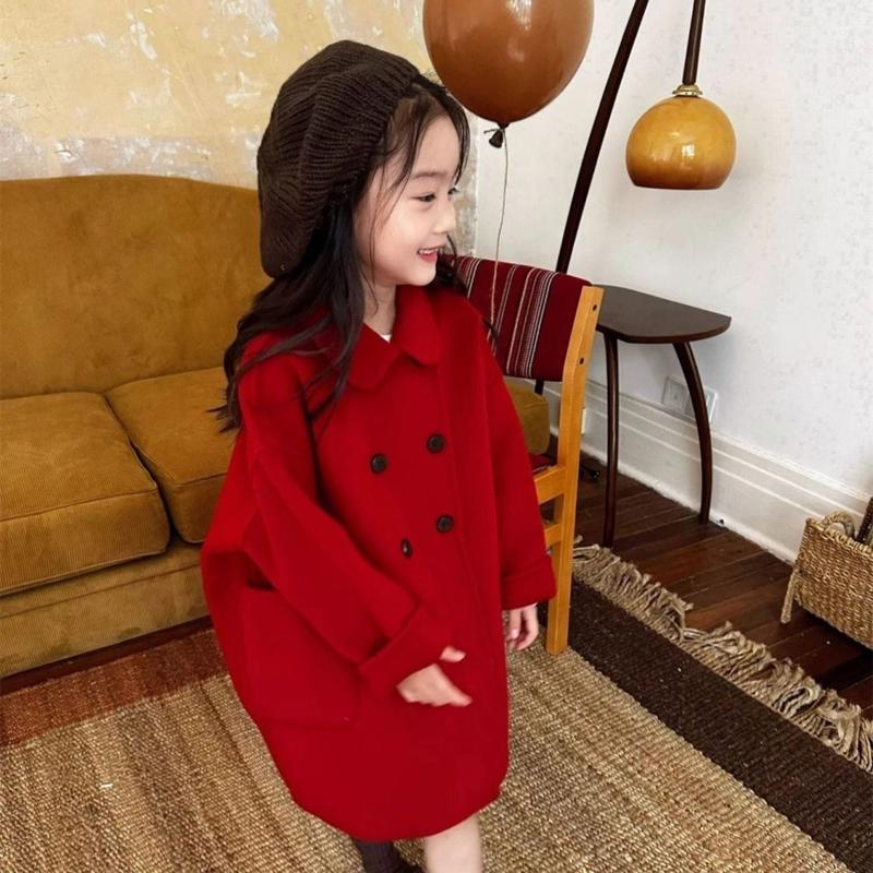 女童红色毛呢大衣外套秋冬2025新款大童中长款双面穿儿童装拜年服