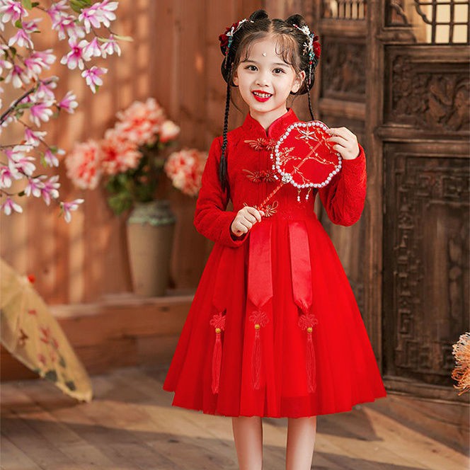 元旦公主风演出服儿童秋季连衣裙公主裙蓬蓬纱红色男女合唱表演服