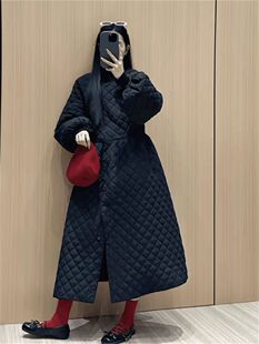 长款菱格纹羽绒棉服女冬季复古新款棉衣外套韩国东大门过膝大衣潮