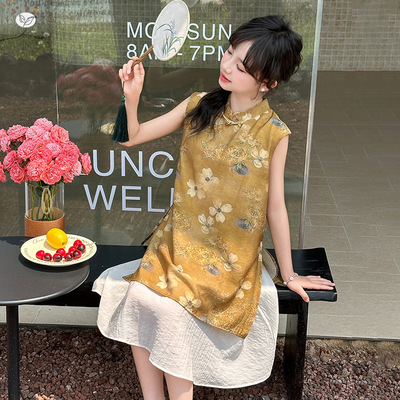女童新中式改良旗袍2025新款中大童无袖连衣裙印花假两件儿童裙子