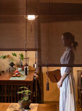 竹帘卷帘窗帘遮光遮阳隔断背景装饰挂帘茶室书房阳台透景窗帘门帘