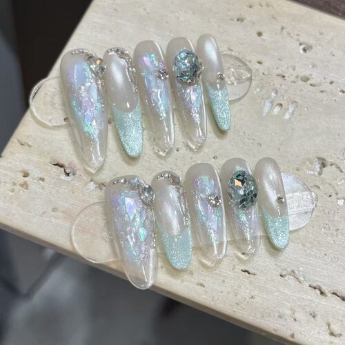 【薄荷曼波】纯手工穿戴甲爆款醋酸美甲猫眼薄荷绿K9钻手工穿戴甲