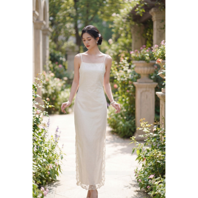 白色吊带｜梦回故里旗袍打底裙花边吊带侧拉链舒适百搭四季款