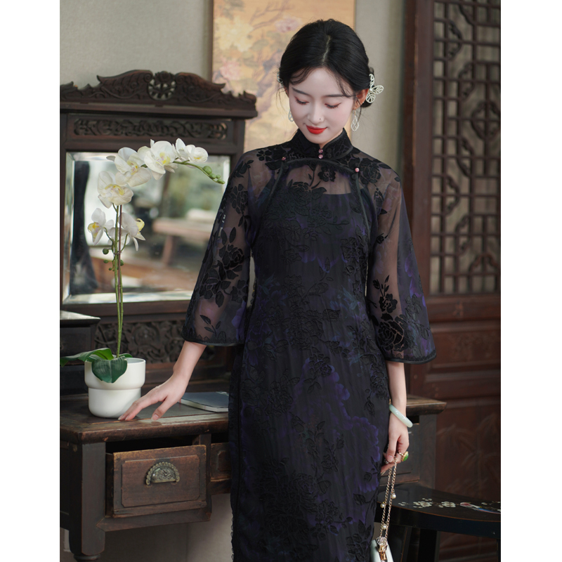 星晚｜2025年新款旗袍女高级感古法全开襟一片式曳地高端大气旗袍