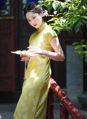 拾月｜2025夏装女新款全开襟古法平裁古法宽松曳地长款旗袍连衣裙