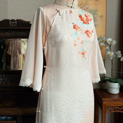 暮染｜秋季新款斜襟倒大袖假两件蕾丝曳地长款日常素雅显瘦连衣裙