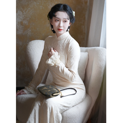 松间月｜特别漂亮的掐腰旗袍大小姐民国旗袍针织羊毛打底连衣裙
